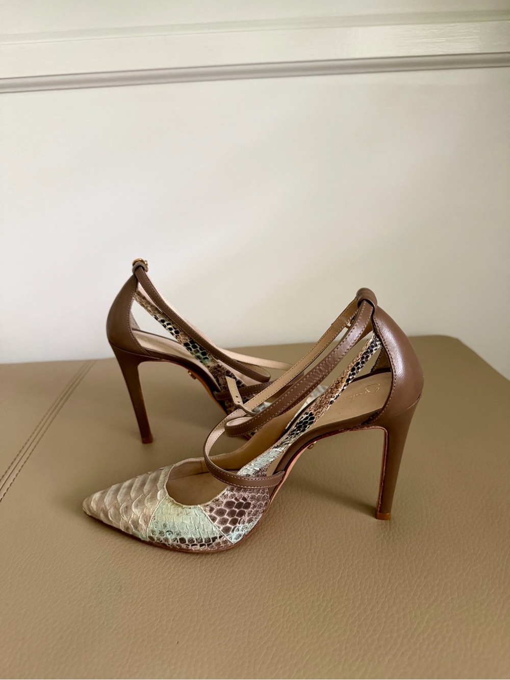 Guilhermina Snakeskin Pointed Toe Strappy Heels Size 7.5 / EU 38